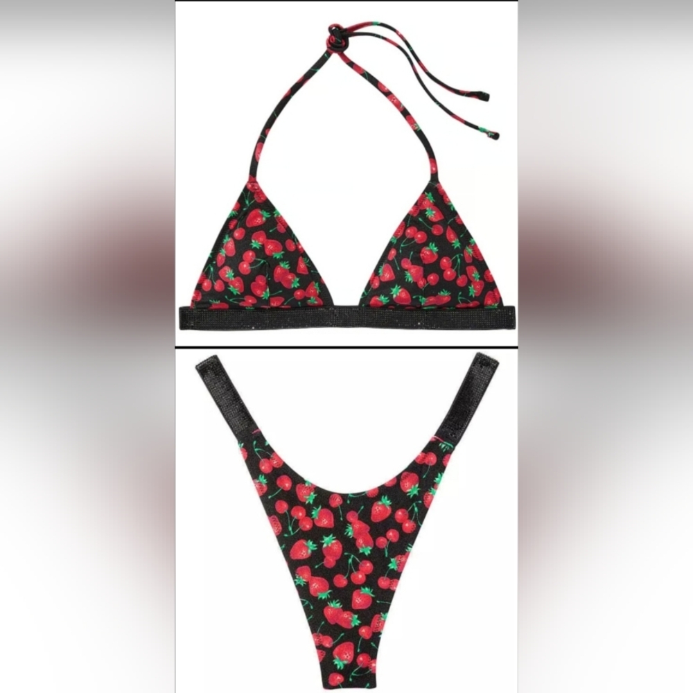 L//L XL/L VS Swim Shine Strap Triangle Bikini Top Thong Bikini Set Strawberry